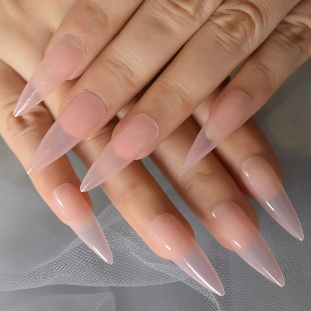 Long Stiletto Nude Pink Faux Ongles Fake Nails Sharp Glossy Gel Nail Tips Full Cover Solid Color Press On False Nail Salon-Nail Inspo