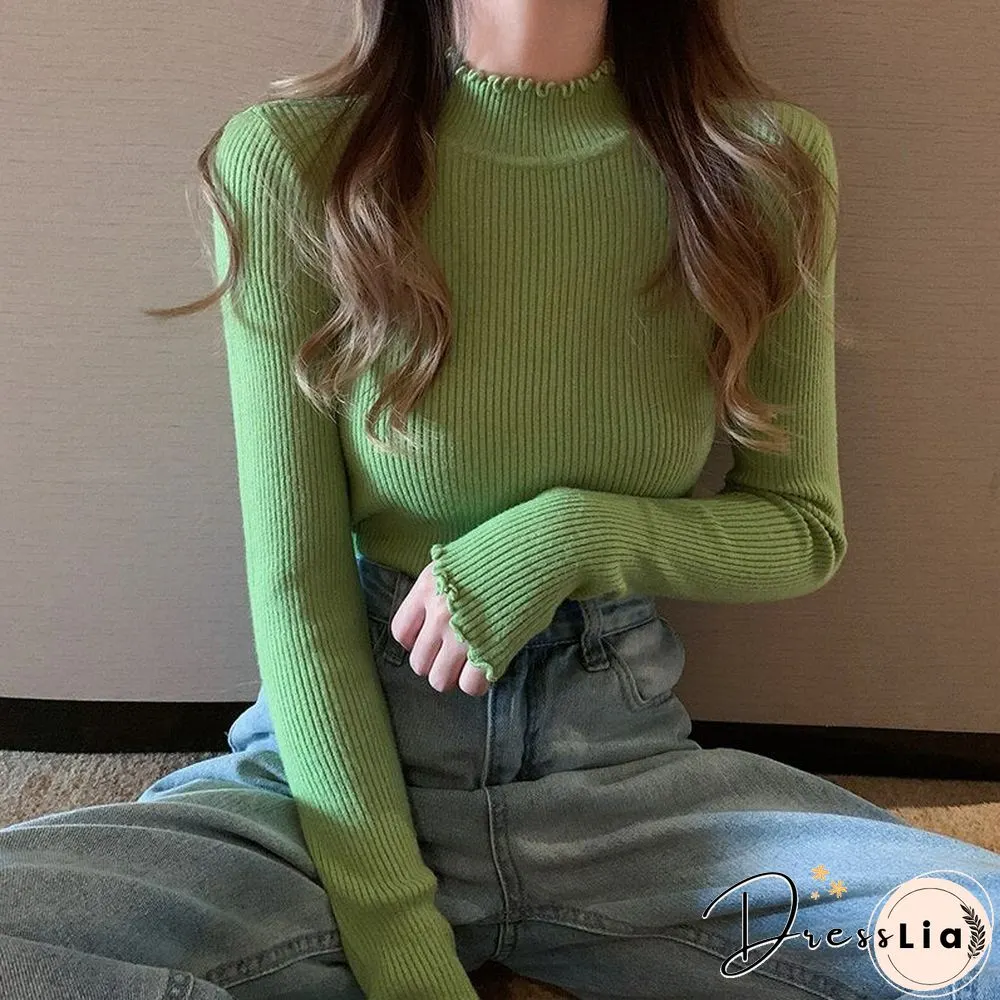 Christmas Gift Womens Sweater Women Knitted Ribbed Pullover Long Sleeve Ruffles Turtleneck