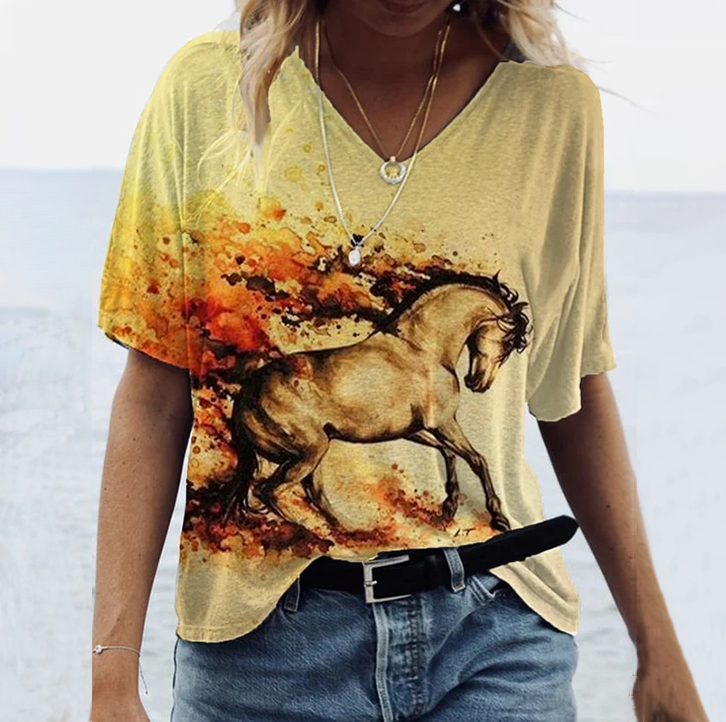Western Horse Print V Neck T-Shirt