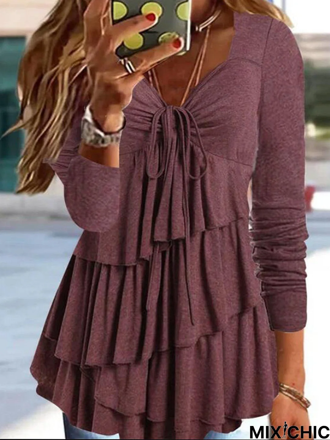 Jersey Lace-Up V Neck Casual T-Shirt