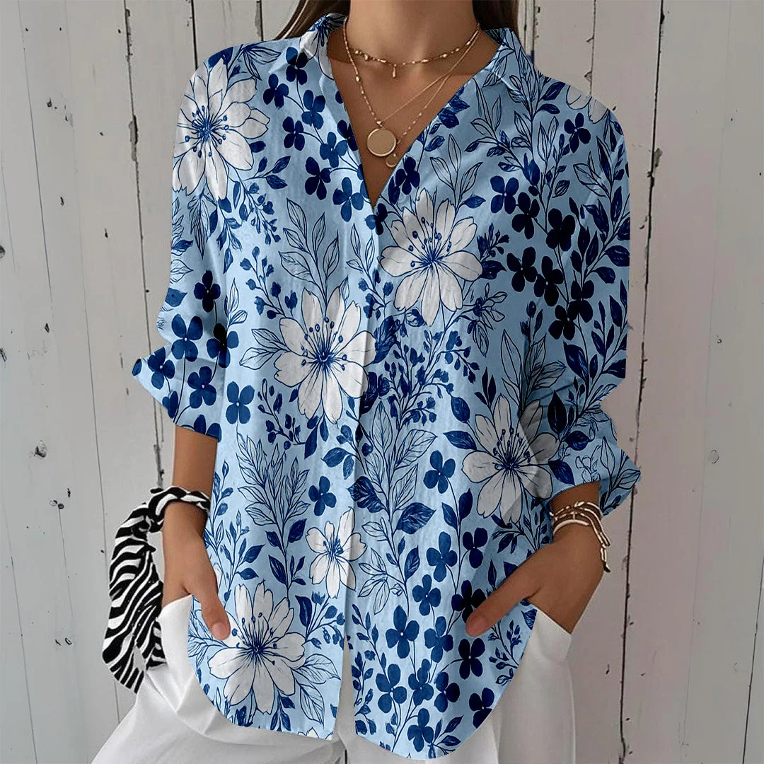 Style & Comfort for Mature Women Women Floral, Blue DZCL0351 3/4 Sleeve Shirt Collar Printed Button Tops