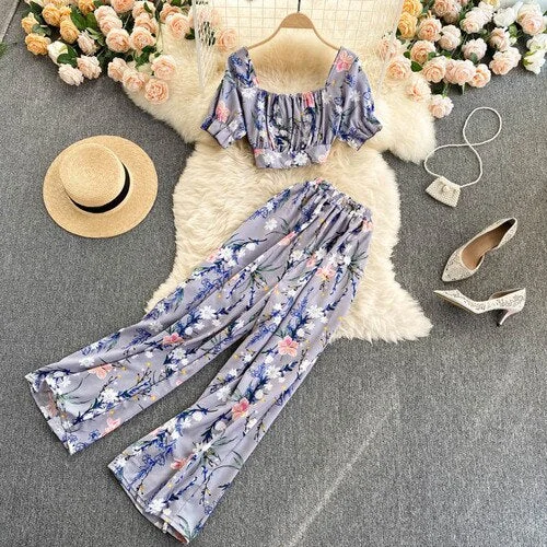 FTLZZ Summer Women Holiday Style Chiffon Printing Two Piece Set Short Shirt High Waist Wide Leg Pants Ladies Idyllic Style Sets