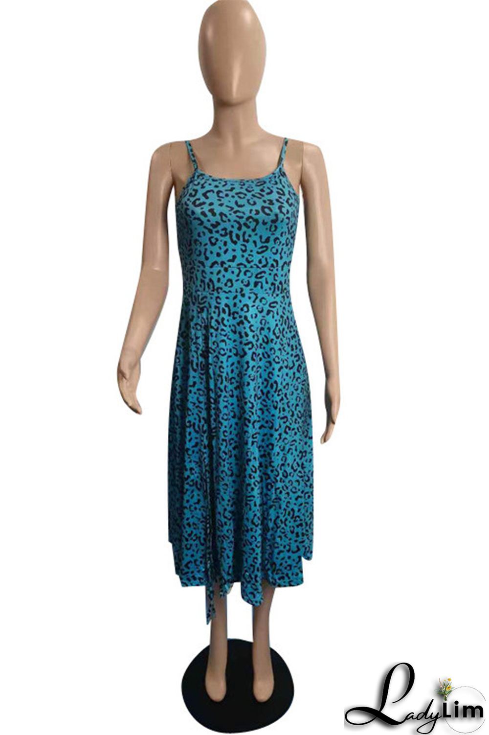 Deep Blue Fashion Sexy Print Backless Slit Square Collar Sling Dress