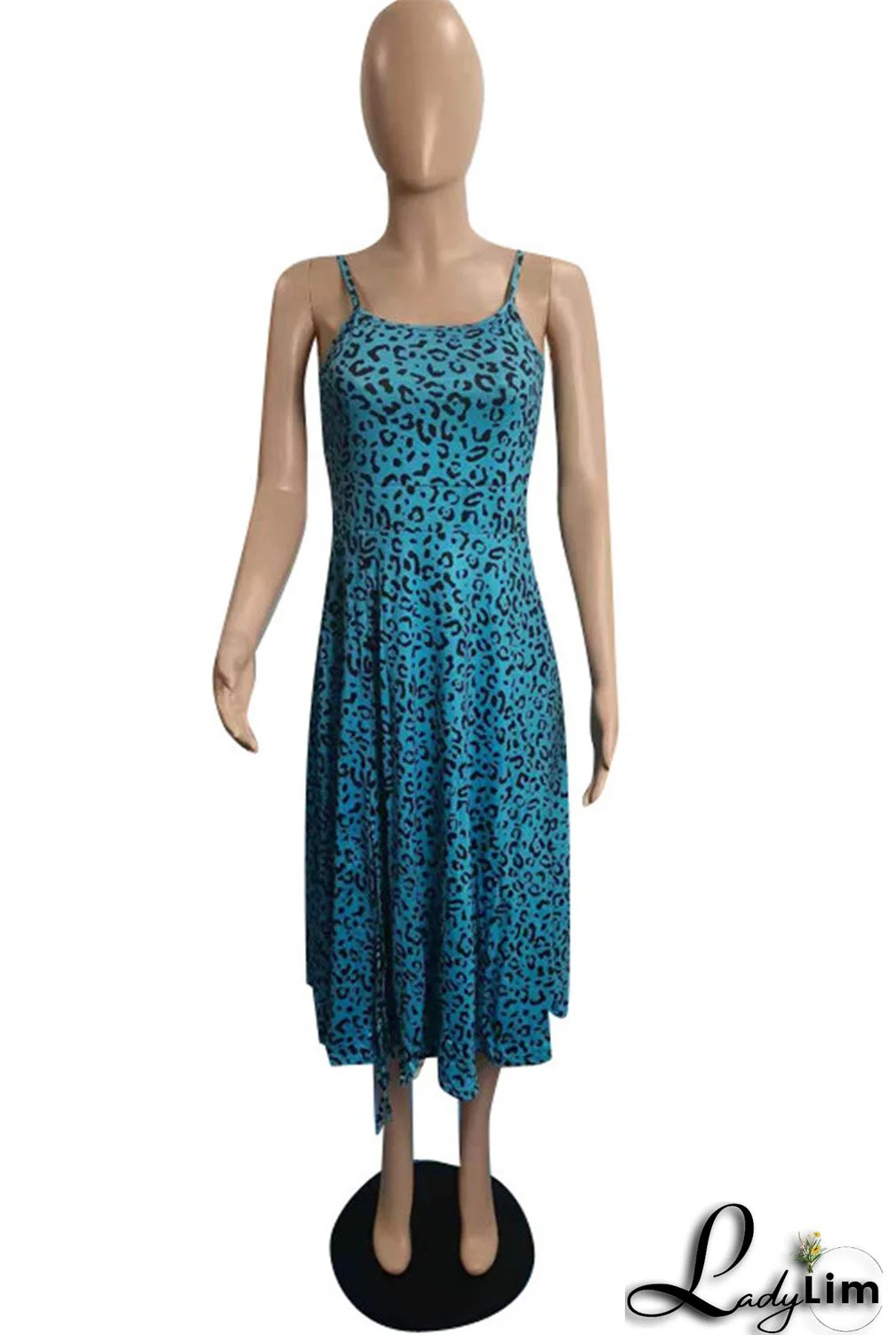 Deep Blue Fashion Sexy Print Backless Slit Square Collar Sling Dress