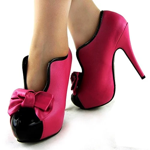 Hot Pink Vintage Heels Platform Pumps with Bow |FSJ Shoes