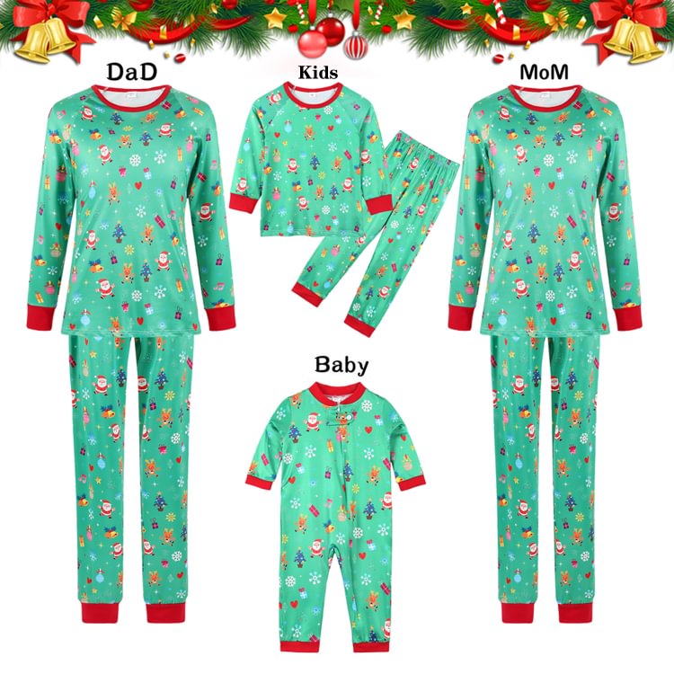 Santa Reindeer Gifts Cartoon Green Print Christmas Family Matching Pajamas Sets