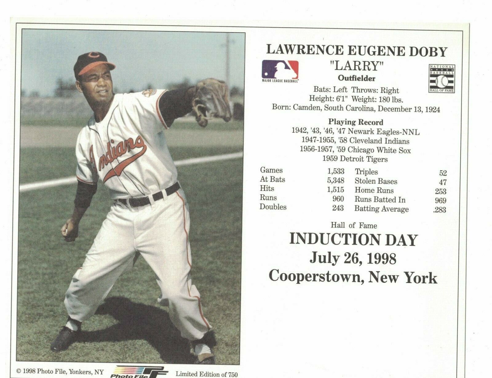 1998 Larry Doby Cleveland Indians Baseball HOF Induction Day Photo Poster painting Card AO87