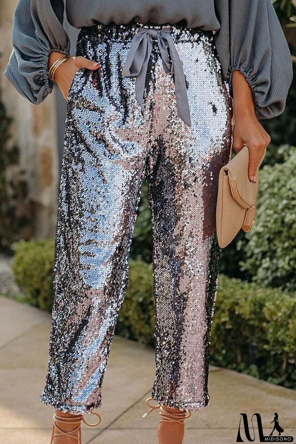 MidiSono - Solid Sequins Drawstring Cropped Trousers