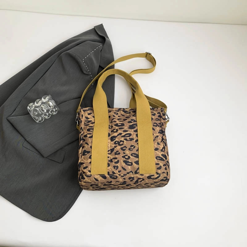 Women’s Nylon Leopard Classic Style Square Zipper Tote Bag