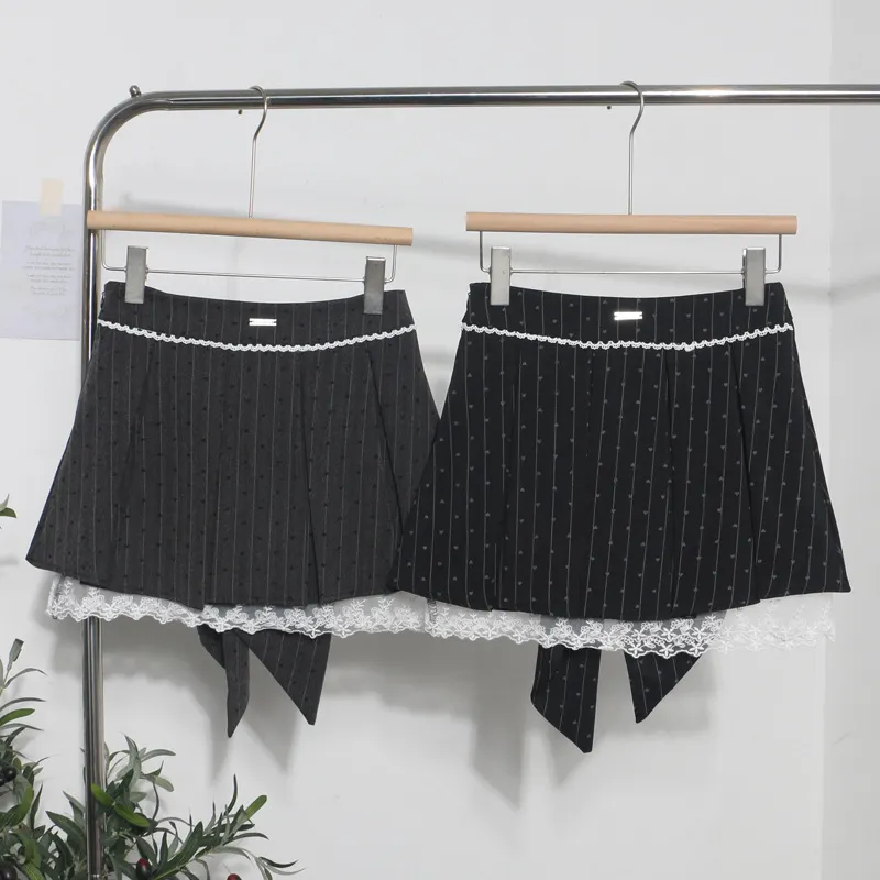 Churchf Real Shooting Leg Long Skirt Love Print Splicing Lace A Word 100 Folds Thin Bow Half-Dress Skirt 9339