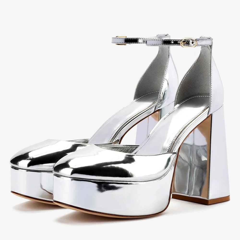 Metallic Finish Block Heel Ankle Strap Silver Pumps with Platform Nicepairs