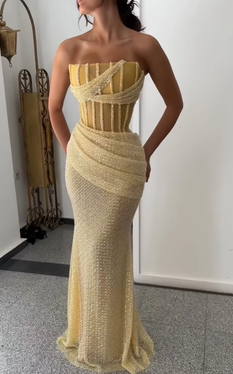 Stunning Yellow Strapless Prom Dress Mermaid Sequins Long Online - lulusllly