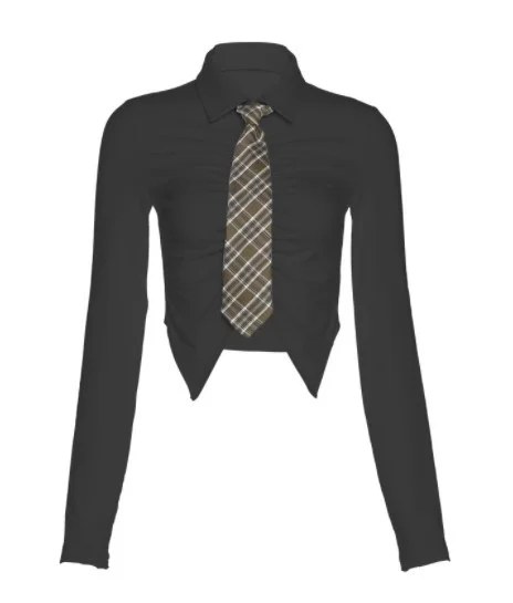 Toloer Toloer 2023 New Women's Solid Color Slim Crop Fashion Irregular Lapel Shirt-Outfit Ideas