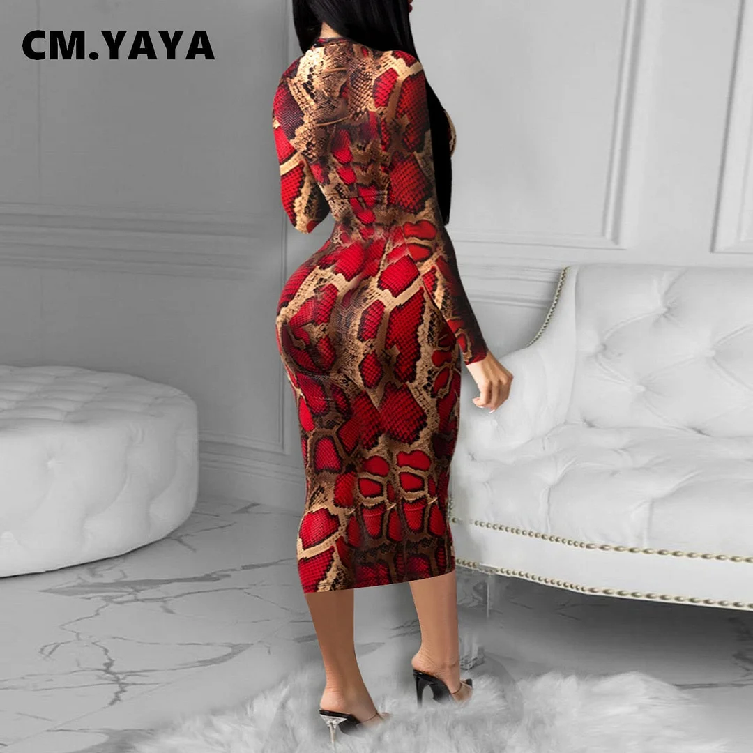 CM.YAYA Fall Winter Street Leopard Print Women Midi Dress Long Sleeve Active Bodycon Sexy Club Party Pencil Mid-Calf Dresses