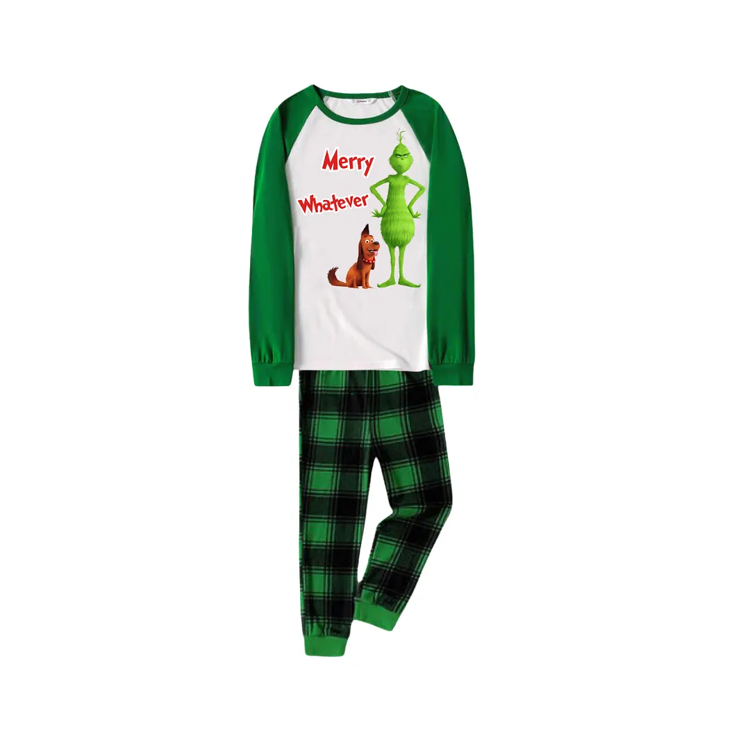 Cartoon Pattern and "Merry Whatever" Printed Green Plaid Long Sleeve Christmas Family Pajamas