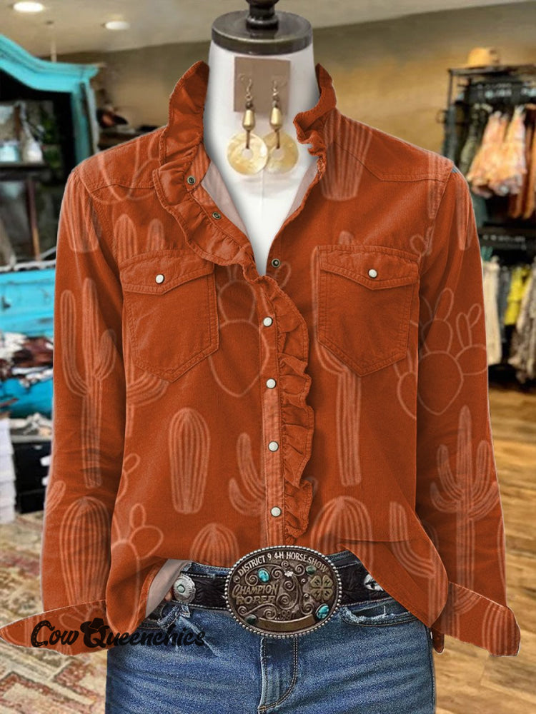 Women’s Vintage Cactus Print Casual Long Sleeve Comfortable Cotton Shirt Multicolor / S