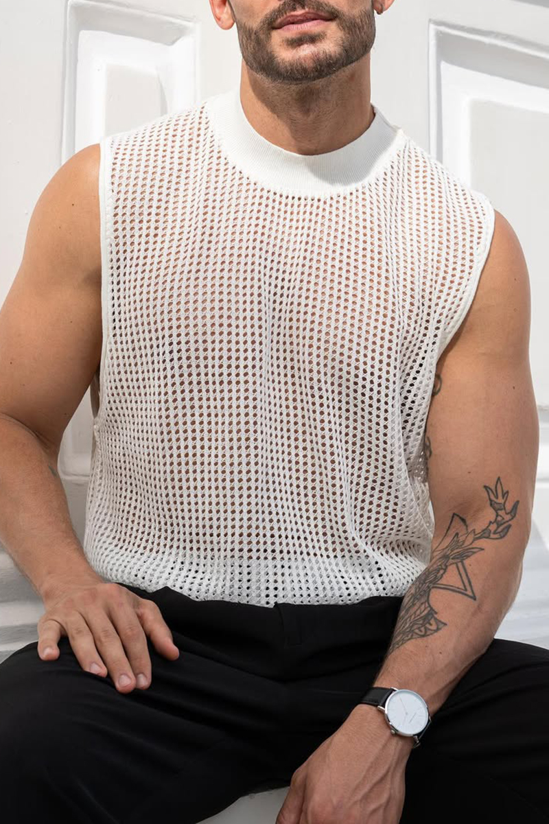 Men's Hollow Out See Through Mock Neck Casual Tank Top