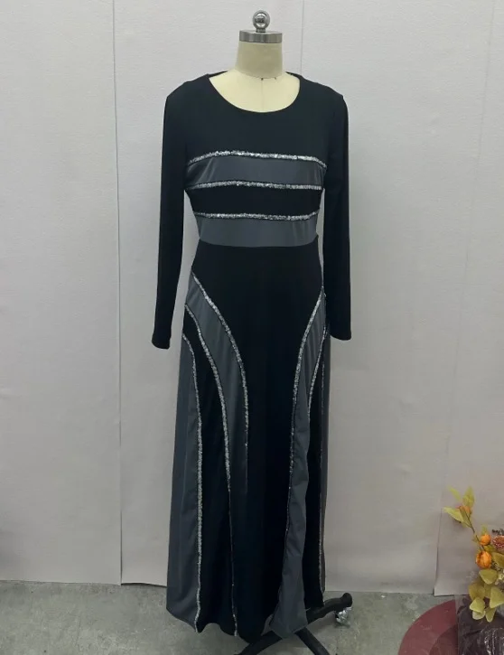 Ueong Ueong 2024 New Fashion Contrast Color Splicing Senior Sense Round Collar Long-Sleeved Dress Female