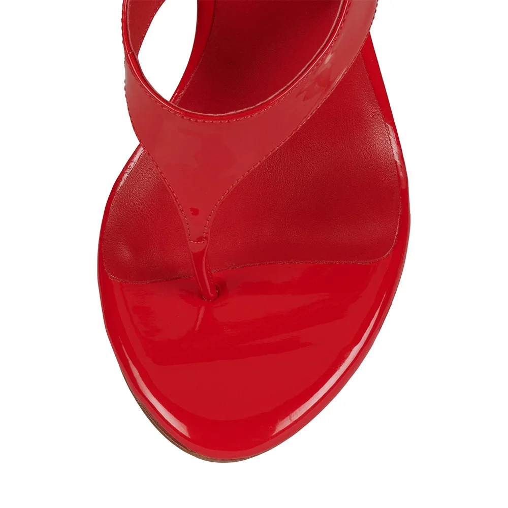 Red Patent Leather Round Toe Flared Heel Flip Flops Lace Up Sandals