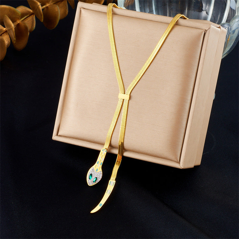 Full Diamond Snake Head Snake Tail Snake Bone Chain Heavy Stainless Steel Gold-Plated Chain Women'S Necklace