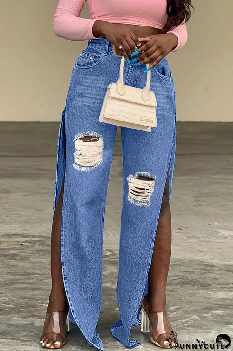 Blue Sexy Street Solid Ripped Patchwork Slit High Waist Denim Jeans