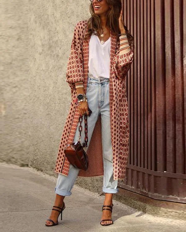 Digital Print Long Sleeve Cardigan Coat