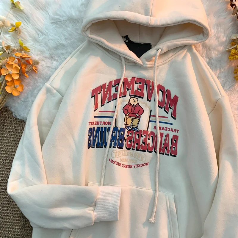 Unisex Street Retro Bear Letter Offset Hoodie