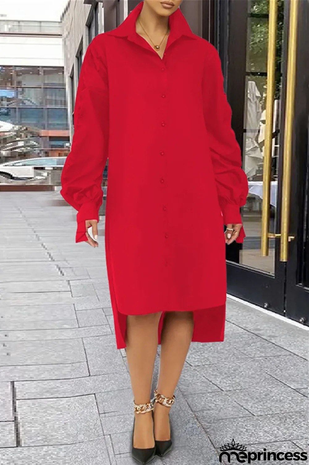 White Fashion Casual Solid Slit Turndown Collar Long Sleeve Shirt Dress