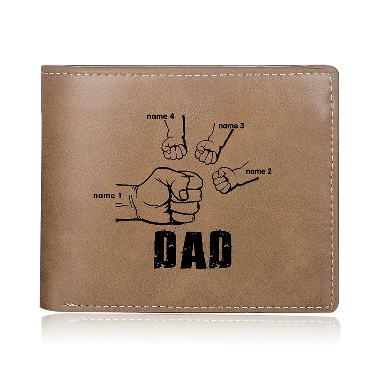Custom Men Leather Wallet Personalized Fist Bump Folding Wallet with 4 Names Father's Day Gift