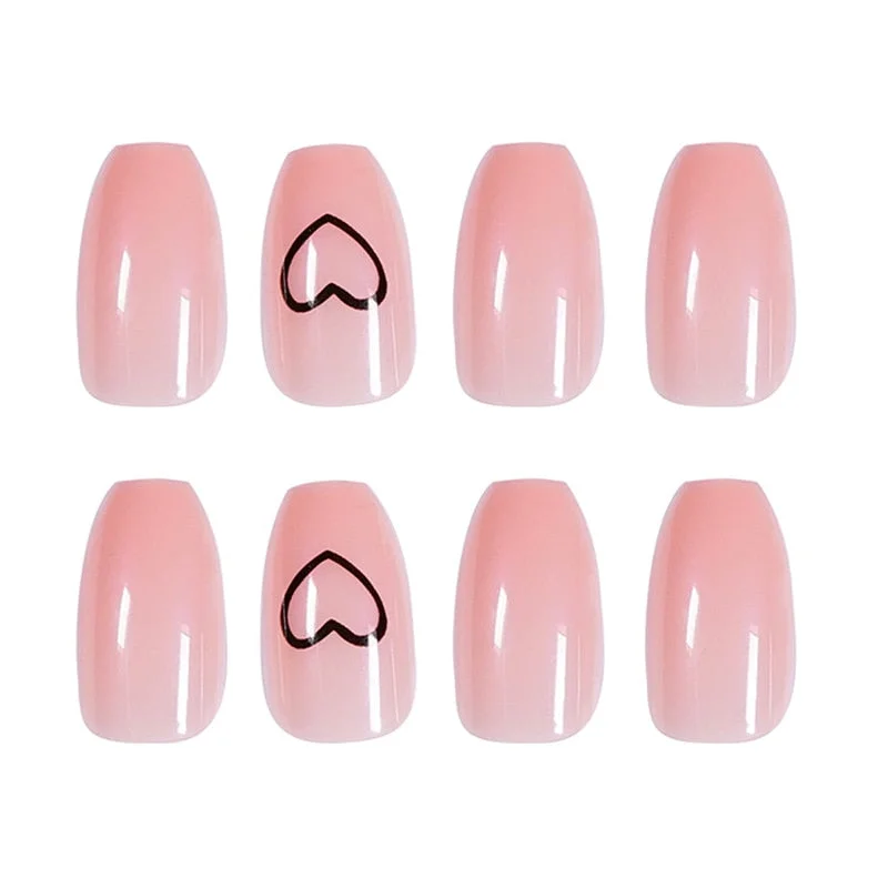 24pcs/box Middle length Ballet nude pink Color false nails with design with heart pattern artificial nails with glue TY-Nail Inspo