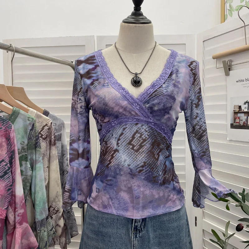 Uveng Picts Picts Retro Tie-Dye-Print Yarn Lace V-Neck Low-Breast Horn Sleeves Short Thin T-Shirt Top 8836