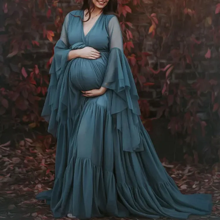 Maternity Green Chiffon V-Neck Ruffle Photoshoot Dress