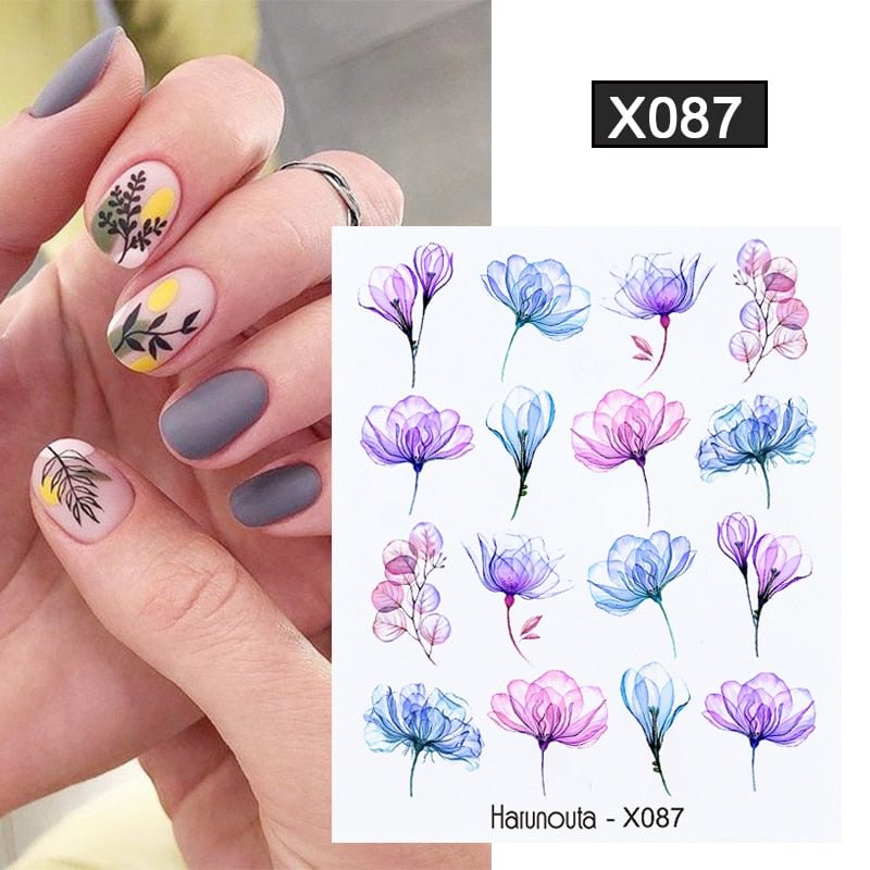 Harunouta Blue Purple Translucent Flower Water Decals Stickers Floral Leaves Transfer Geometric Lines Slider Nail Art Decoration