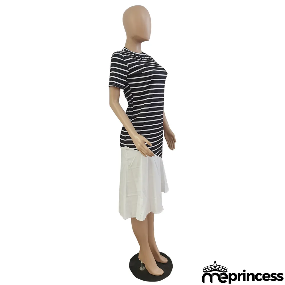 Women'S Spring Summer Stripe Print Patchwork Short Sleeve Dress Without Belt
