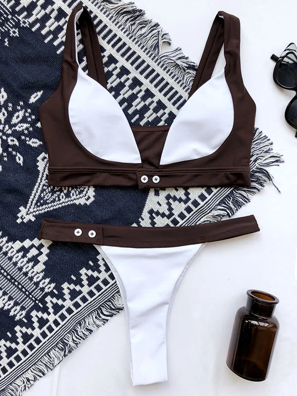 Color-Block Button Bralette Brazilian Split Bikini Swimwear