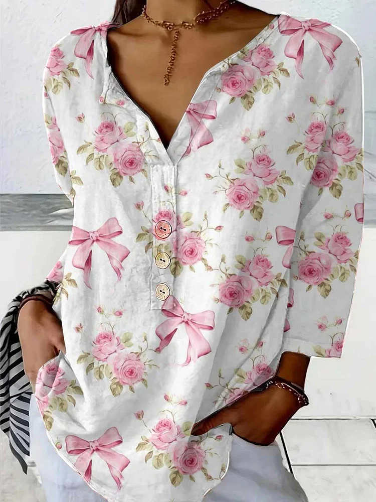 Women's Rose  Art Pattern Cotton And Linen Shirt