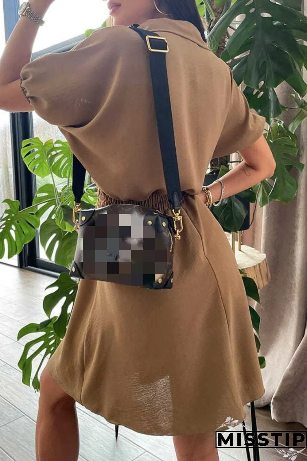 Brown Casual Solid Patchwork Turndown Collar Short Sleeve Dress