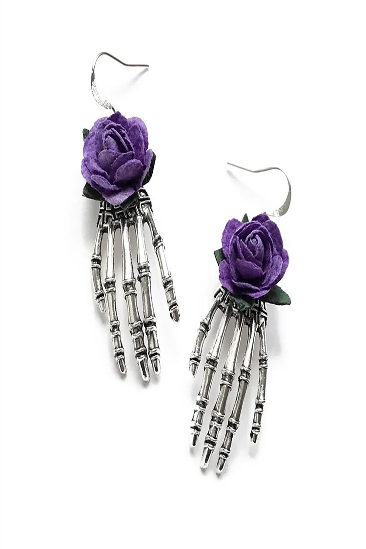 Halloween Gothic Skull Hand Red Rose Handmade Earrings 2024 - Xpluswear