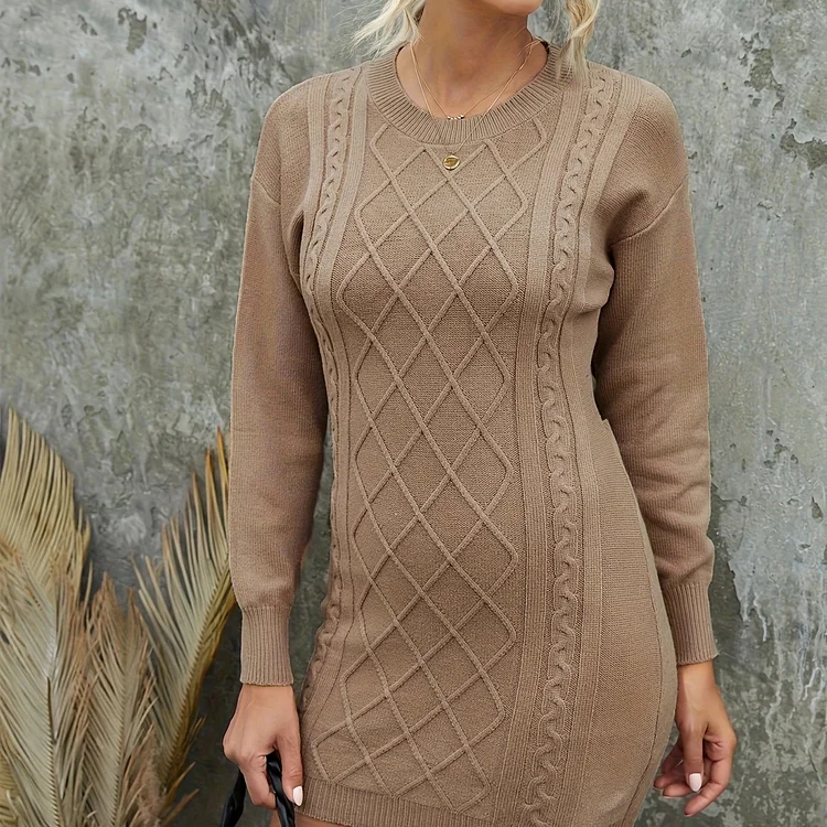 Cut Out Knit Sweater Dress, Casual Crew Neck Long Sleeve Dress, Women's Clothing