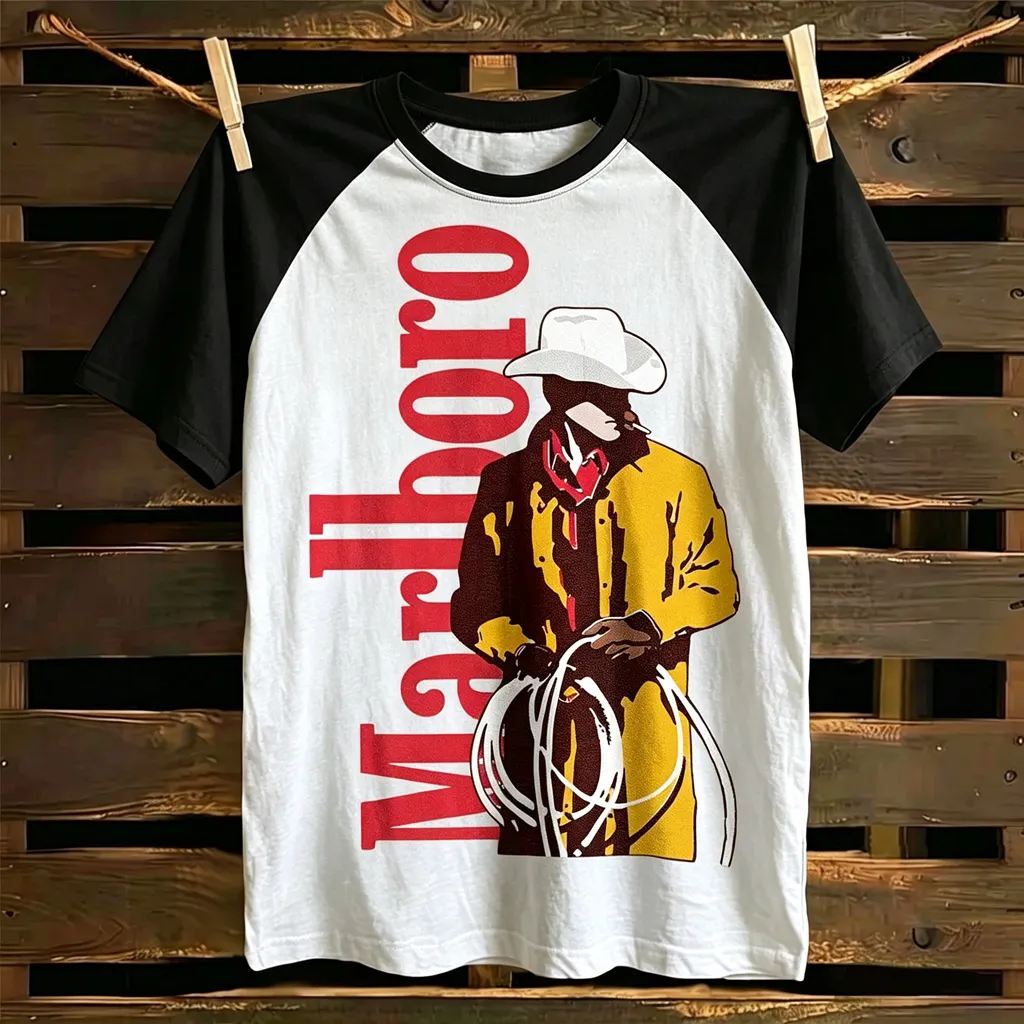 Western Cowboy Graphic Print Color-block Raglan T-shirt