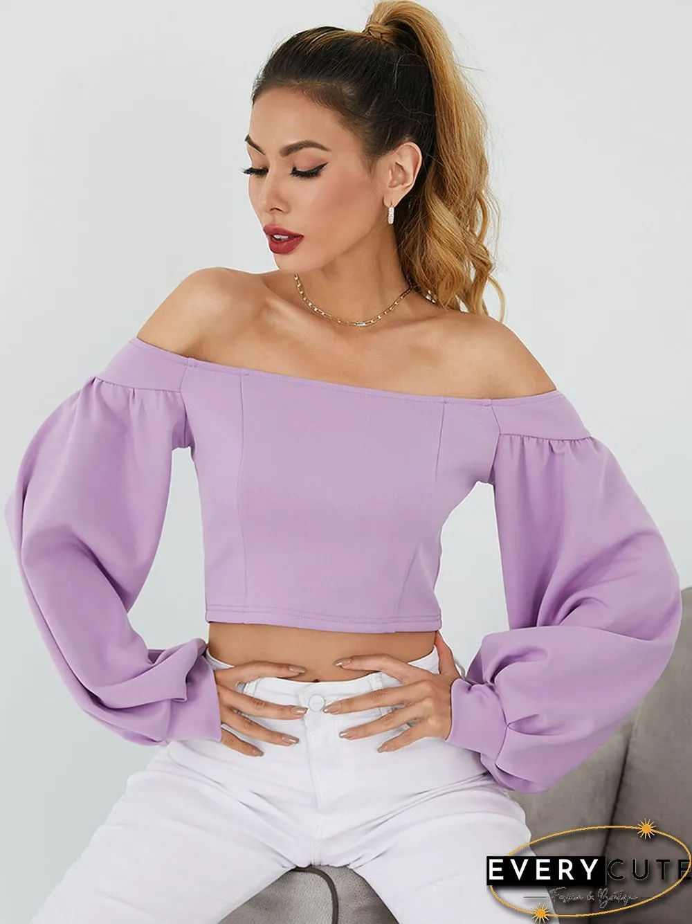 Solid Lantern Long Sleeve Off The Shoulder Crop Top