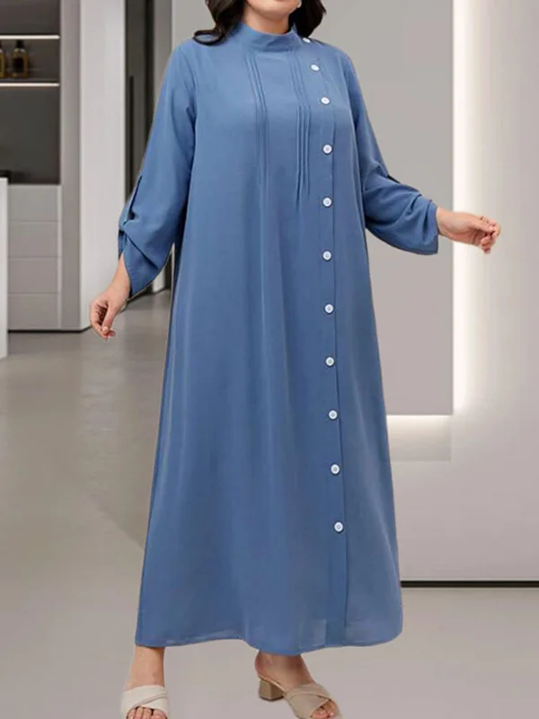 Hollow Pleated Split-Joint Long Sleeves Loose Stand Collar Shirt Dress Maxi Dresses