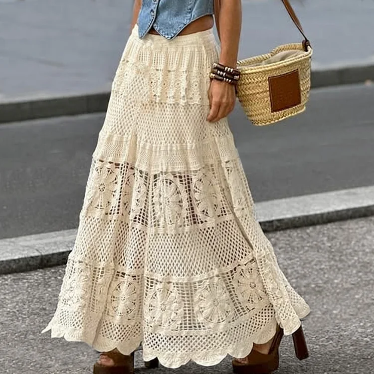 Casual Elastic Waist Guipure Lace Hollow Out Knitted Maxi Skirt