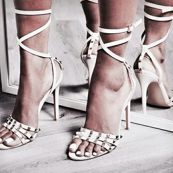 White Studs Shoes Stiletto Heel Ankle Strap Sandals |FSJ Shoes