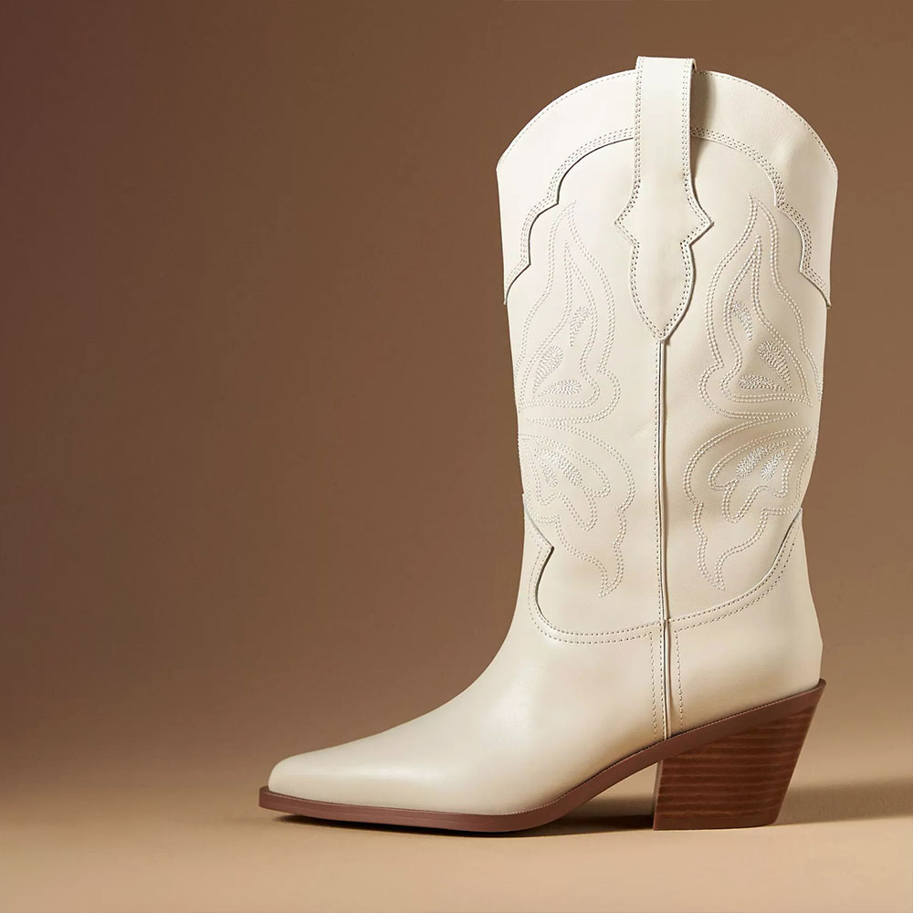 White Pointy Toe Embroidered Chunky Heel Wide Calf Cowgirl Boots