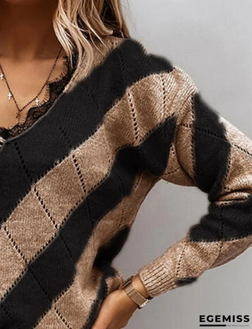 Contrasting Lace V-Neck Casual Loose Sweater | EGEMISS