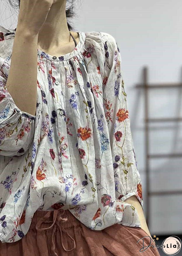 Loose White O Neck Print Button Cotton Shirt Bracelet Sleeve