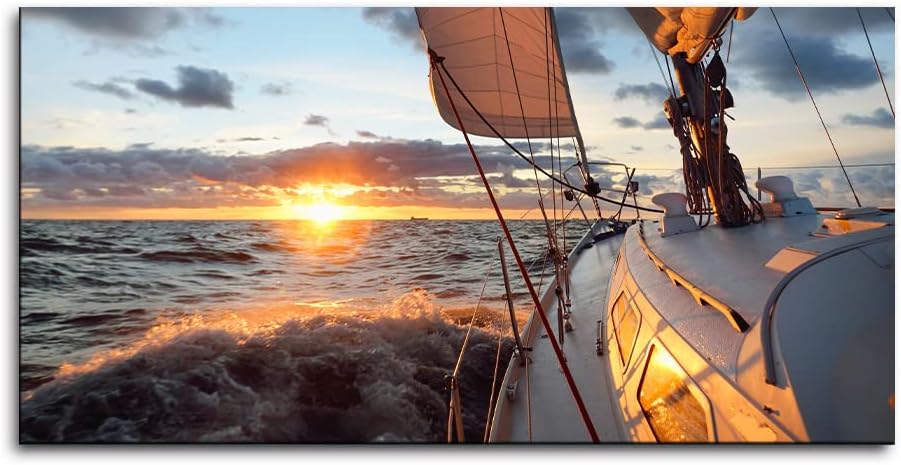 Yacht Sailing in Sea at Sunset Scenery Canvas Wall Art for Living Room Bathroom,Close-up View of Deck Mast Sails Picture Print Artwork Painting Decor,Epic Seascape Scenic Landscape,Inner Frame 20x40 20x40