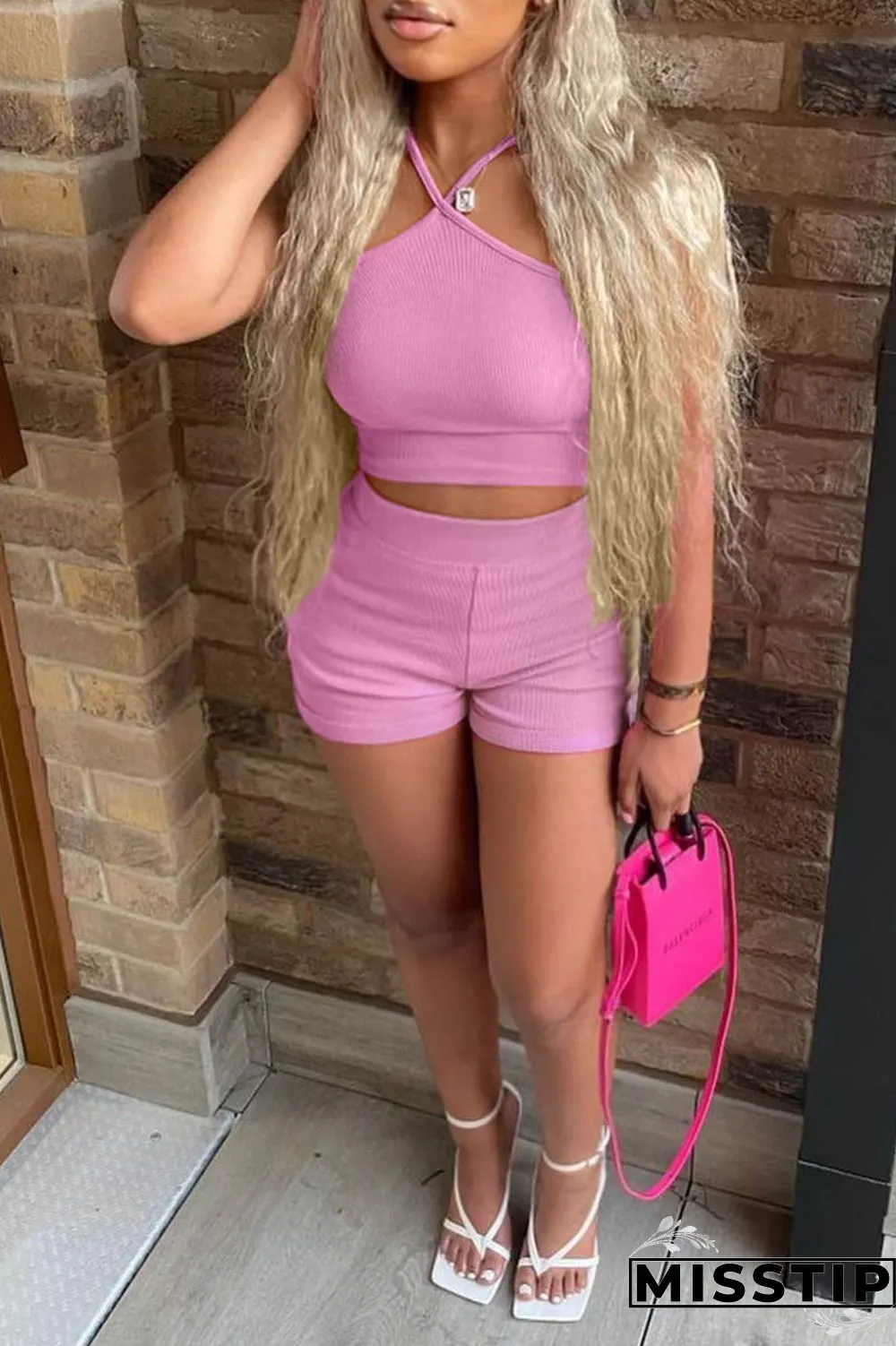 Pink Sexy Casual Solid Backless Spaghetti Strap Sleeveless Two Pieces