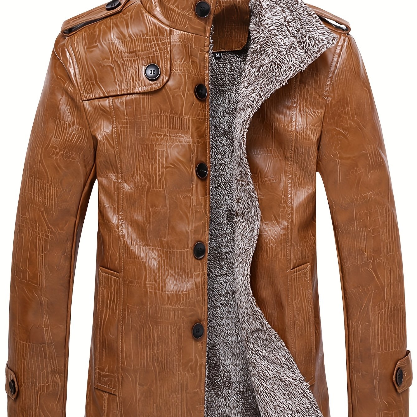 Men's Warm Fleece Pu Jacket For Fall Winter, Casual Button Up Stand Collar Faux Leather Jacket